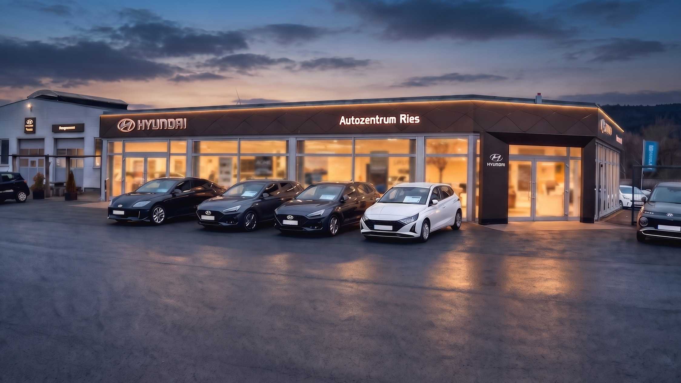 Autozentrum Ries in Bad Soden-Salmünster am Abend — beleuchteter Hyundai-Showroom