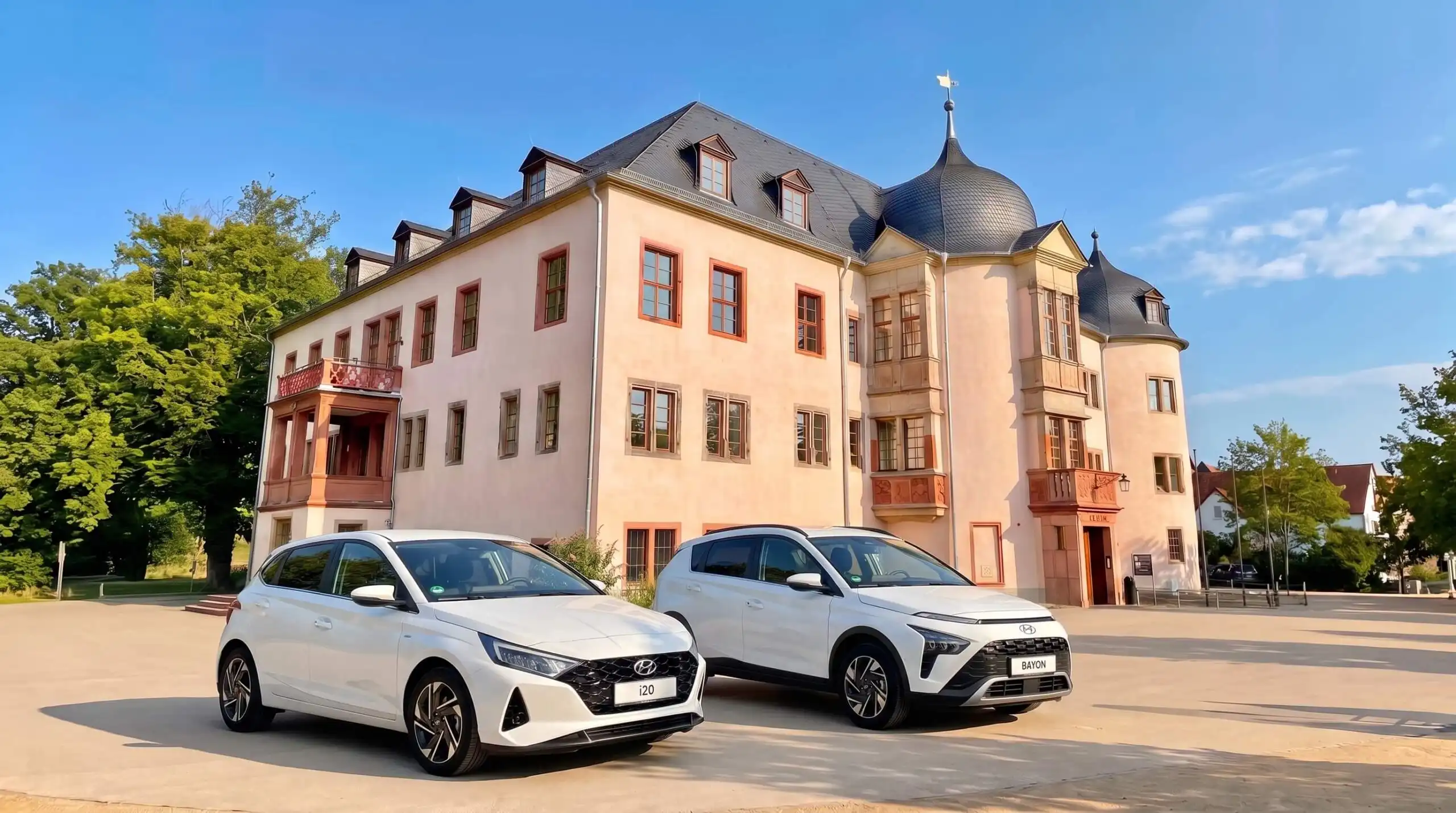 Hyundai i20 und BAYON vor dem Schloss Wächtersbach