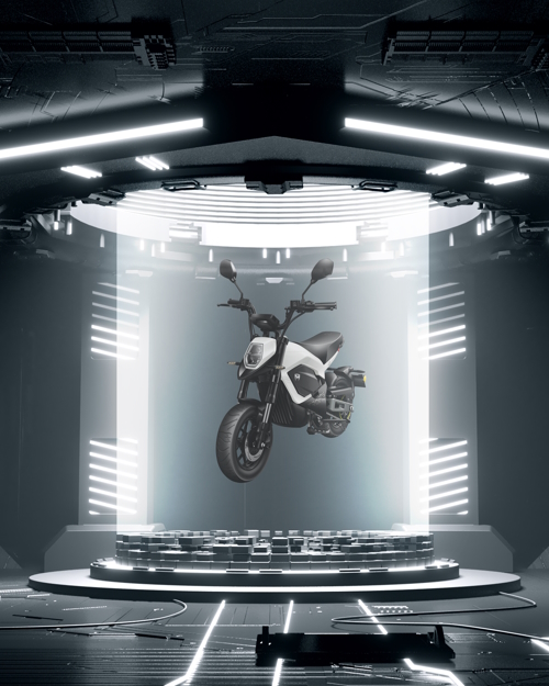 3D-Darstellung eines Motorrads in einem dunklen Raum.